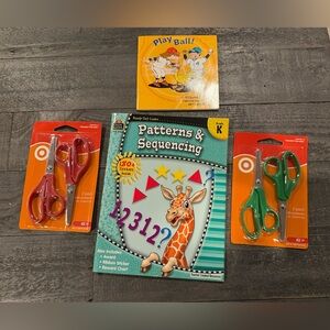 4 kindergarten items 1 phonic reading book,  
2 scissors 2packs, 1 Workbook